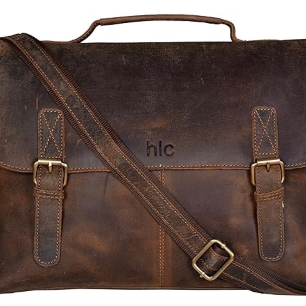 15" Buffalo Leather Vintage Rustic Leather Messenger Laptop  Satchel Bag